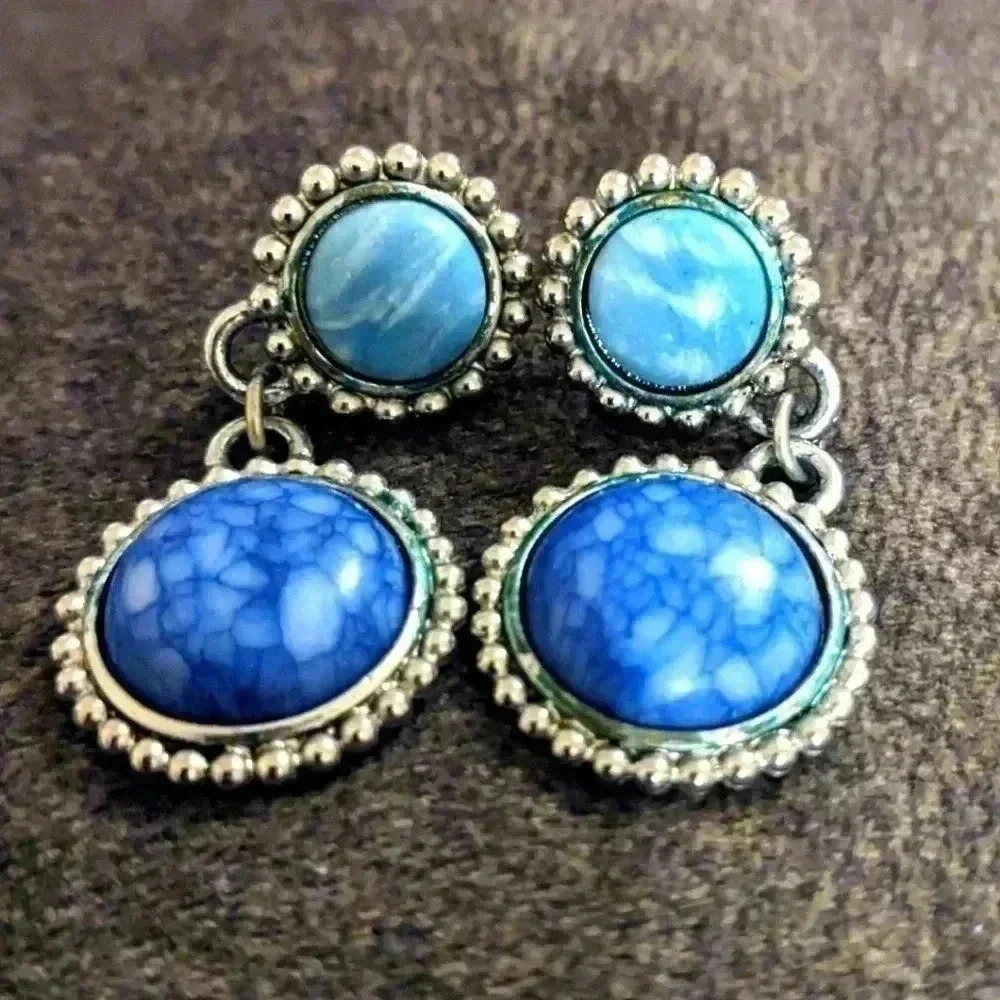 Boho Style‎ Blue Round Drop Earrings Silver Tone Costume Jewelry